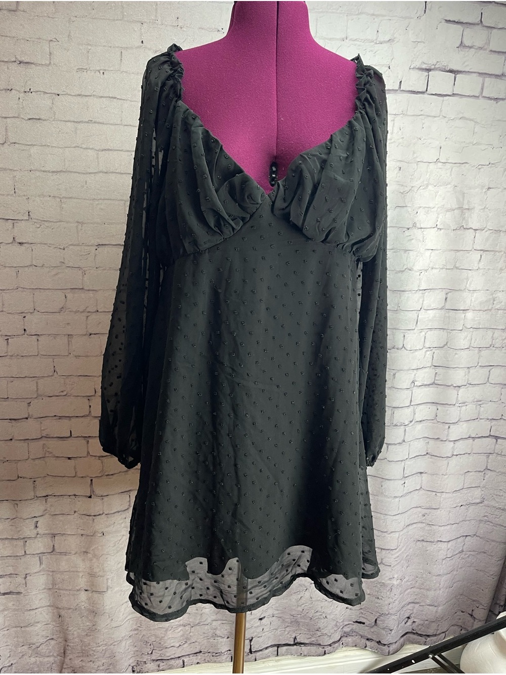 Missguided size 14 black dotted Swiss long sleeve mini dress